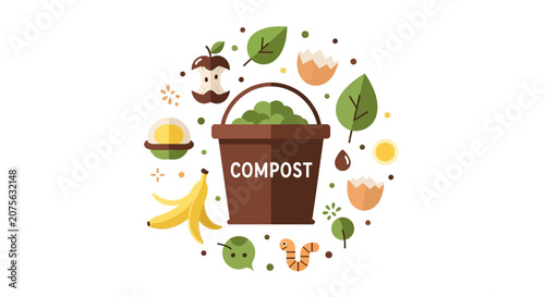 Flat Vector Illustration of Compost Bin with Organic Waste Elements, Eco-Friendly Recycling and Zero Waste Concept for Sustainable Living