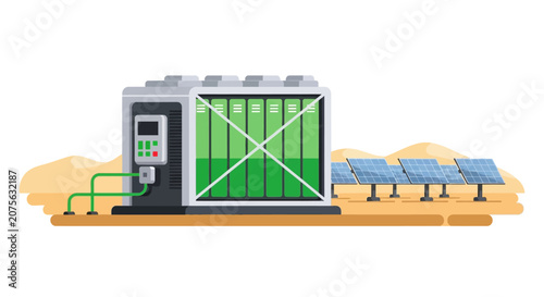 Industrial Battery Energy Storage System (BESS) with Solar Panels in a Desert Landscape, Sustainable Renewable Energy Infrastructure Vector Illustration