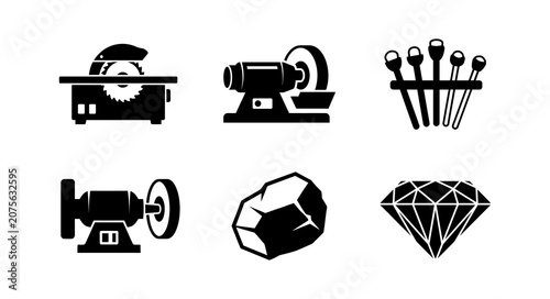 Photos Set of industrial machinery and raw material icons featuring workshop equipment