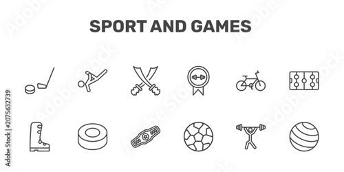 Bild auf Leinwand sport and games icon set with equipment, capoeira, saber, gym ball signs in flat