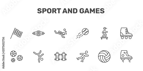 Photos sport and games icon set with chequered flag, champion belt, scuba diving, flyin