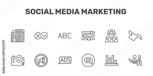 Photos social media marketing icon set with flats, pros and cons, letters, rocker signs