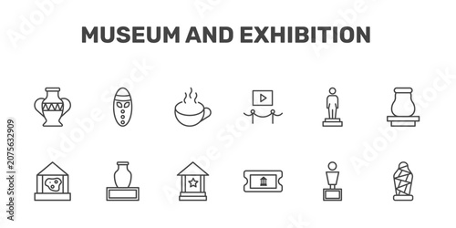 Quadro su tela museum and exhibition icon set with porcelain, mask, cafe, sarcophagus signs in