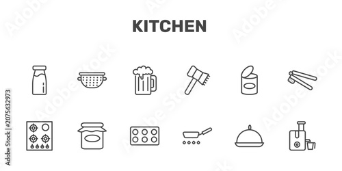 Foto kitchen icon set with milk, nder, beer, juicer signs in flat outline style