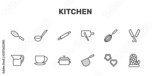 Foto kitchen icon set with sugar sifter, ladle, rolling pin, mitten signs in flat out
