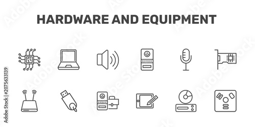 Cuadro en lienzo hardware and equipment icon set with big processor, laptop screen, loudspeakers,
