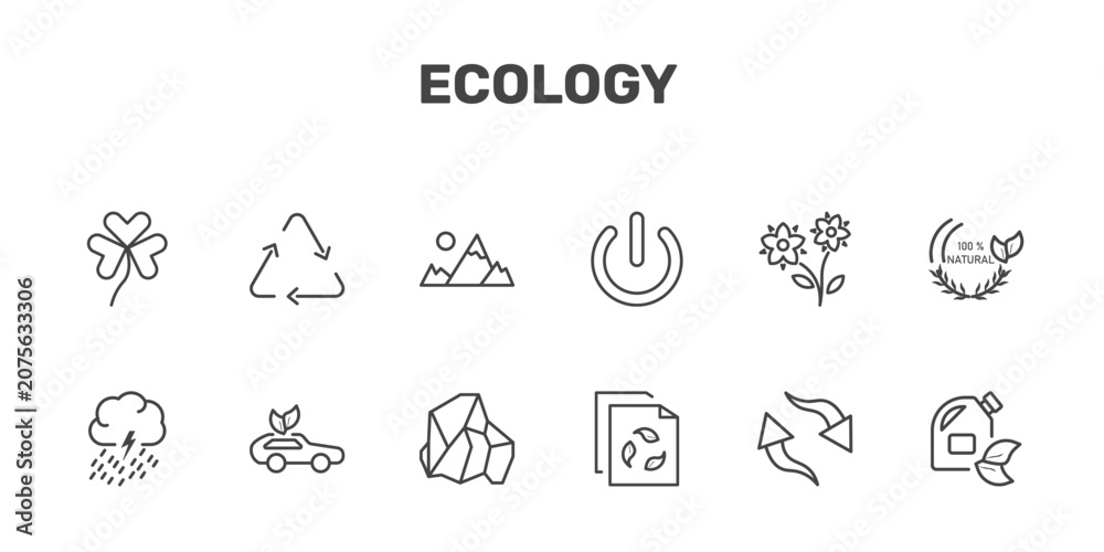 Fototapeta premium ecology icon set with shamrock, recycle arrows, snowy mountains, biodiesel signs in flat outline style