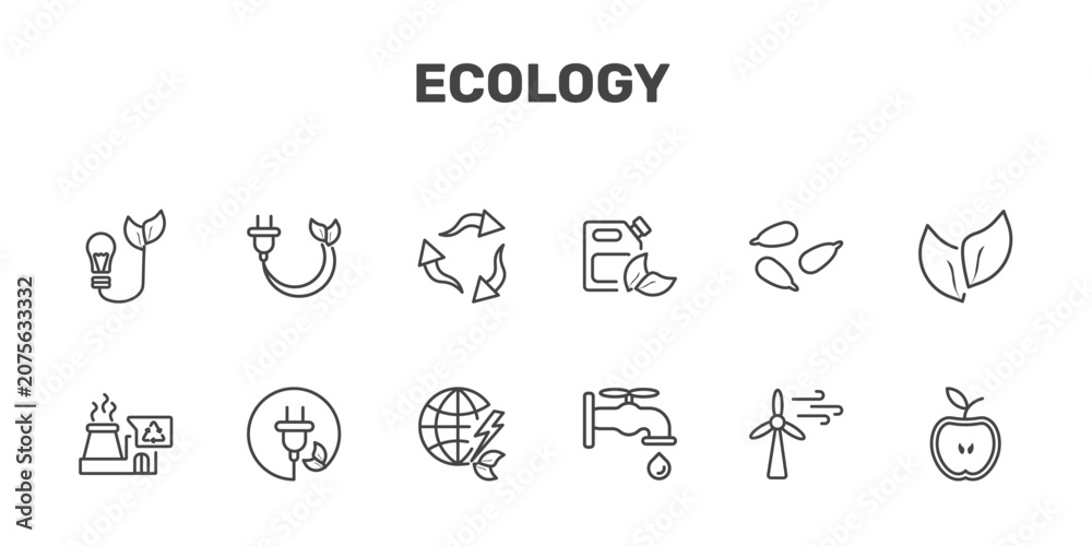 Fototapeta premium ecology icon set with bio energy, eco plug, recycle, half signs in flat outline style