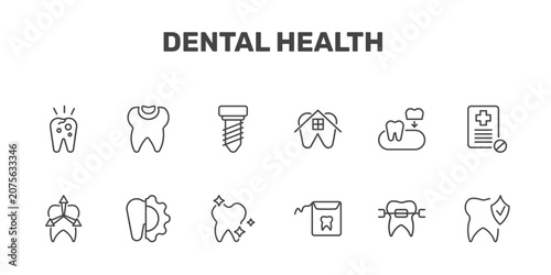 Photos dental health icon set with decay, dental filling, implant fixture, prophylaxis