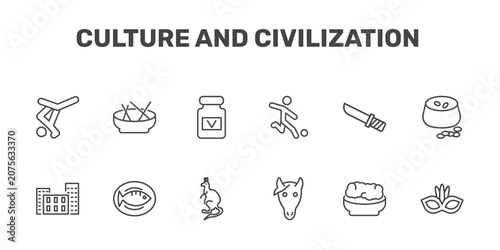 Photography culture and civilization icon set with capoeira brazil dancers, beef and garlic,