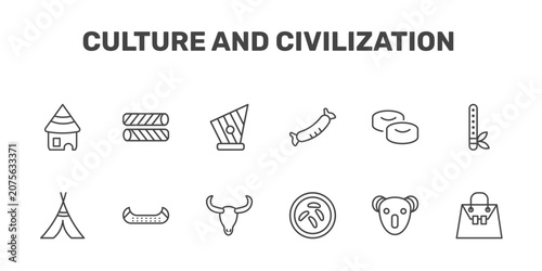 Photography culture and civilization icon set with mud hut, egg roll, kankles, crocodile lea