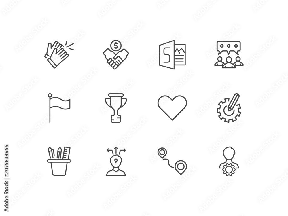 Fototapeta premium startup and strategy icon set with clap, deal, sway, management signs in flat outline style