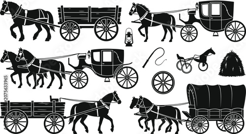 Canvastavla Vintage Horse Carriage Silhouette Vector Set Featuring Royal Coaches Wooden Wago