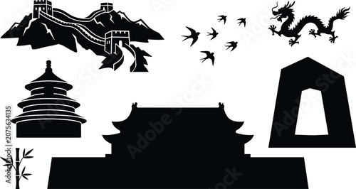Photography China Landmark Silhouette Vector Set Featuring Great Wall Temple of Heaven Forbi