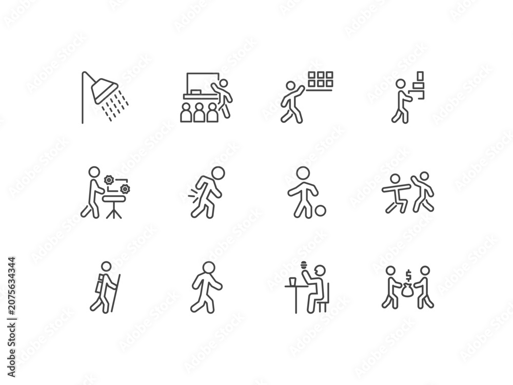 Fototapeta premium humans and behavior icon set with showering, classroom, storekeeper, people trading signs in flat outline style