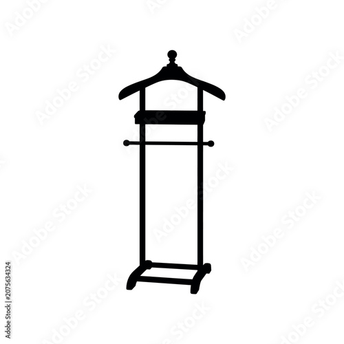 Black silhouette of a wooden valet stand for clothes on white background