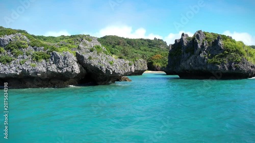 Aerial view of mushroom rocks in the turquoise sea