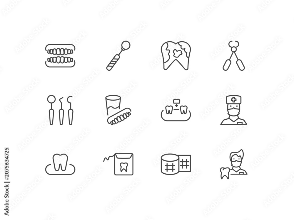 Fototapeta premium dental health icon set with dentures, mouth mirror, dental plaque, dentist signs in flat outline style