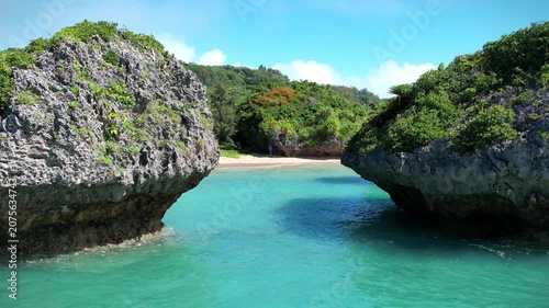 Aerial view of mushroom rocks in the turquoise sea