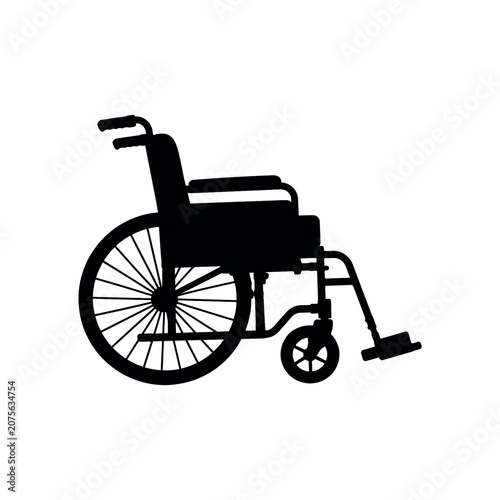 Black silhouette of a standard manual wheelchair on a white background