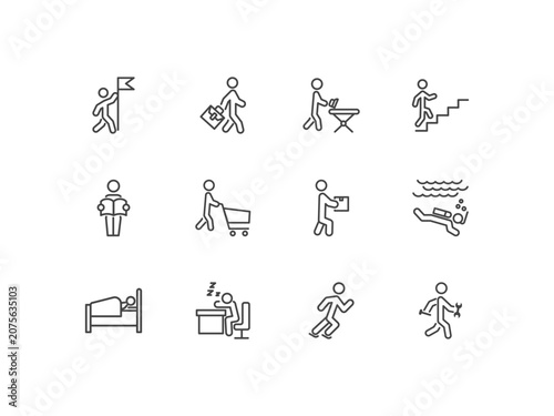 Foto behavior and action icon set with man with flag, going to work, man ironing, man