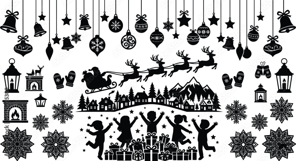 Fototapeta premium Black Christmas decorations and ornaments hanging on strings with joyful silhouettes