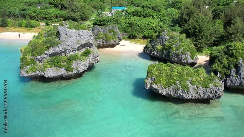 Aerial view of islands in the turquoise sea, Okinawa, Japan.