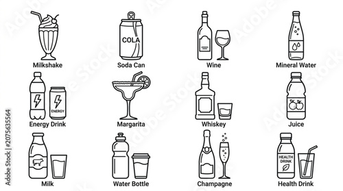  Drinks line icons vector set with beverage bottle and alcohol glass symbols for cafe menu design