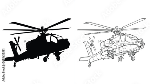 Quadro em tela Helicopter Military Design Concept with a Black Silhouette and Detailed Outline