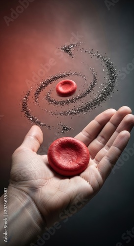 Iron deficiency anemia, a common blood disorder, illustrating human health with red corpuscles and essential iron particles, vital for well-being, medical biology concept