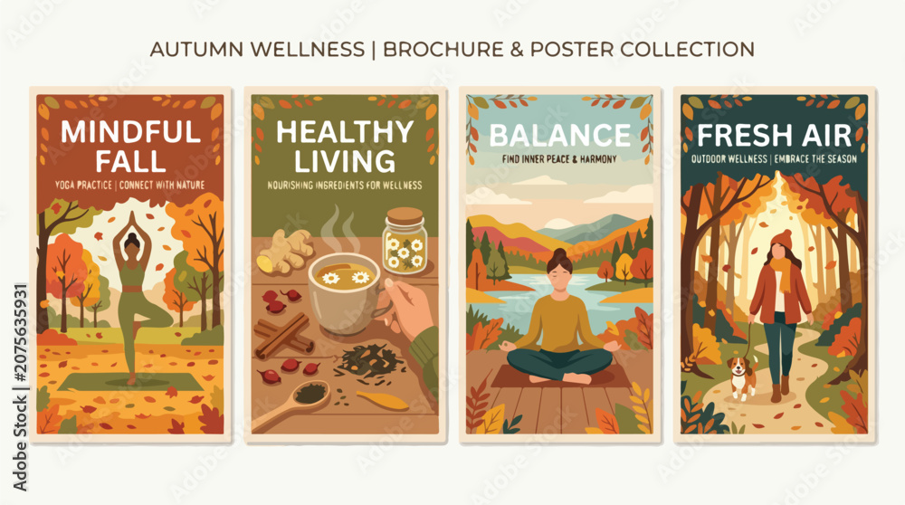 Obraz premium Autumn wellness poster collection with mindful living themes and healthy balance concepts