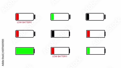 Set of Mobile phone battery low charging indicator animation with alpha channel, the battery charge indicator needs to be charged, Low Battery Indicator Animation on a transparent background


