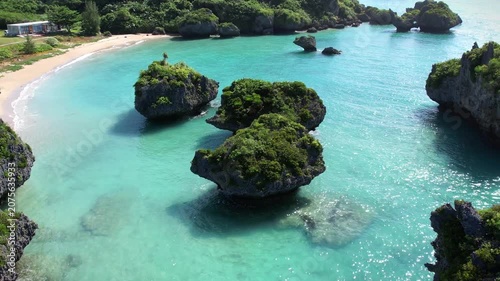 Aerial view of mushroom rocks in the turquoise sea
