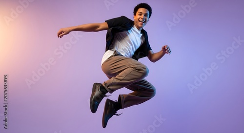 Happy young man jumping in midair against a purple gradient background
