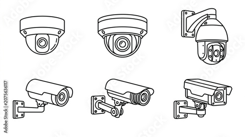 Security camera line icons vector set with CCTV surveillance system and protection symbols