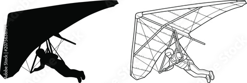 Tableau sur toile Hang Glider Silhouette and Outline Graphic Art with Person Flying in the Air Doi