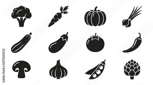 Vegetable silhouette icons vector set with fresh organic food and healthy cooking symbols
