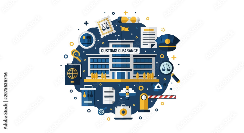 Fototapeta premium Customs Clearance and International Trade Concept Vector Illustration Featuring Logistics Icons, Passport, and Legal Documents in Flat Design Style