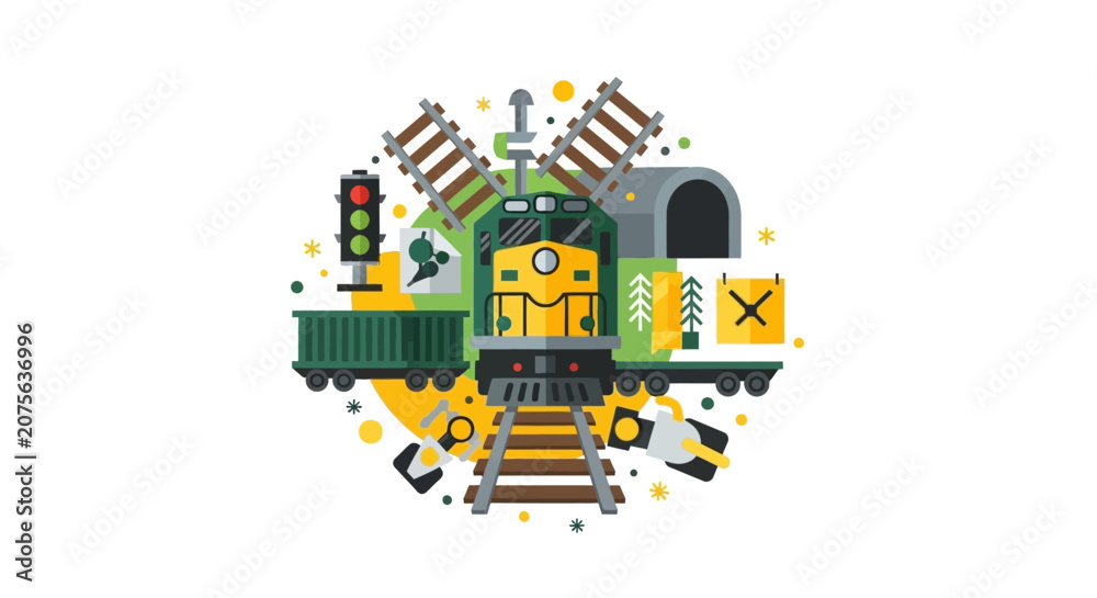 Fototapeta premium Flat Design Vector Illustration of a Cargo Freight Locomotive and Railway Infrastructure Icons including Tracks, Signal Lights, and Tunnel for Transportation and Logistics