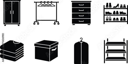 Quadro su tela Wardrobe Storage and Home Organization Furniture Icon Set with Closet and Shelve