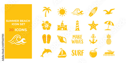 Summer beach icon set with various yellow icons on including sun, palm tree, waves, and more for design projects