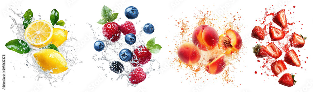 Fototapeta premium PNG Vibrant splashes of fresh fruits on transparent background