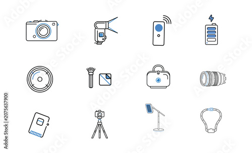 Photography Equipment Outline Icon- with Camera, Lens, Tripod and Studio Accessories Vector Collection