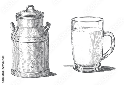Obraz na płótnie Nineteenth century dairy farm engraving featuring antique metal milk can, fresh