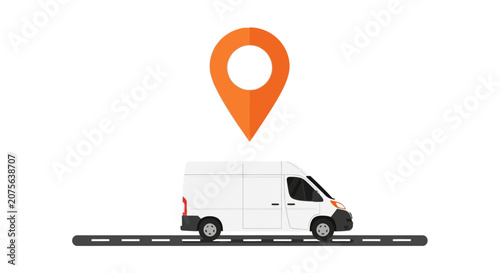 White Delivery Van with Orange Map Pin Icon for Logistics and Package Tracking Services Illustration