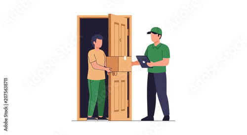 Delivery Courier Handing Package to Customer at Doorstep - Logistics and E-commerce Service Concept Illustration