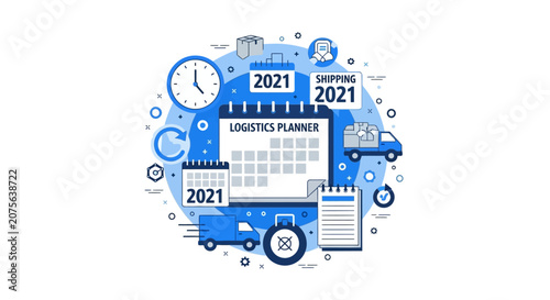 Logistics Planner and Supply Chain Management Illustration with 2021 Calendar, Delivery Trucks, Shipping Icons, and Time Management Concepts