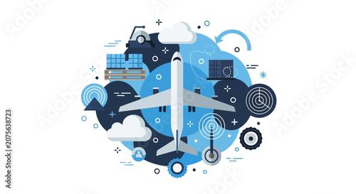 Global Air Freight and Logistics Technology Concept Illustration with Airplane, Supply Chain Icons, and Shipping Elements in a Modern Flat Design Style