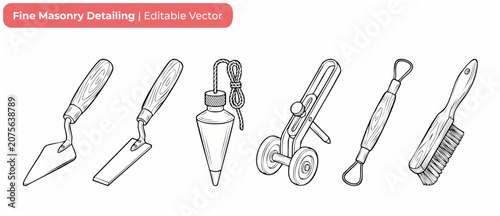 Fotografía Masonry tool outline vector set for detailing, construction, tiling, plastering, featuring trowel, plumb bob, brush, scriber