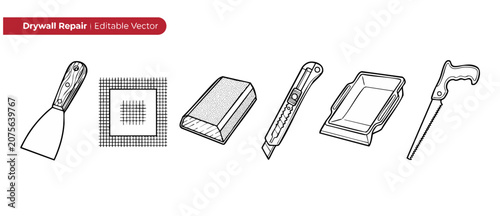Foto Drywall repair tool icons vector set of plastering equipment including putty knife, utility knife, sanding block, mesh patch, mud pan, and drywall saw for DIY home renovation and wall maintenance